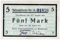 DEUTSCHE KOLONIEN, Kamerun, 1914, 5 Mark 12.8.1914, Schatzschein.
I-II
Ros.962; Grab.KAM-1