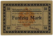 DEUTSCHE KOLONIEN, Kamerun, 1914, 50 Mark 12.08.1914, Schatzschein. Adler mit Udr.62mm rot.
I-
Ros.963b; Grab.KAM-2b