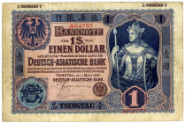 DEUTSCHE AUSLANDSBANKEN, Deutsch-Asiatische Bank, 1907-1918, Kiautschou. 1 Dollar 01.03.1907, Hauptsitz Tsingtau.
IV
Ros.1000a; Grab.DAB-2a