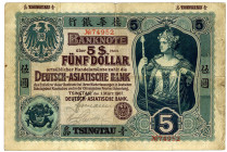 DEUTSCHE AUSLANDSBANKEN, Deutsch-Asiatische Bank, 1907-1918, Kiautschou. 5 Dollars 01.03.1907, Hauptsitz Tsingtau.
IV
Ros.1001a; Grab.DAB-3a