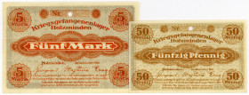GEFANGENENLAGER, Holzminden, Kriegsgefangenenlager. 50 Pfennig, 5 Mark Dez.1916, je ohne KN, 1x gelocht.
I
Ti.384