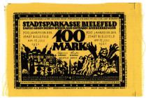 NOTGELD BESONDERER ART, Bielefeld, Stadtsparkasse. 100 Mark 15.07.1921, gelbe Seide, "franz. Vertragsbruch..." , ohne Borte, gerade Ränder (Grabowski:...