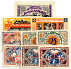 NOTGELD BESONDERER ART, Bielefeld, Kleines Lot Bielefelder Stoffgeld, 5x 25 Mark, je 1x 50 Mark, 500 Mark, 1000 Mark, 10.000 Mark mit Borte. 9 Scheine...