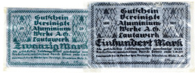 NOTGELD BESONDERER ART, Lauta, Vereinigte Aluminium-Werke. 20 Mark 10.10.1922, Aluminium (ohne Beschädigung); 100 Mark 10.10.1922 (wenig Beschädigung)...