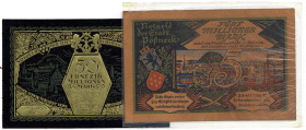 NOTGELD BESONDERER ART, Pößneck, Stadt. 50 Millionen Mark 11.8.1923, Golddruck auf schwarzem Leder; 5 Millionen Mark 11.8.1923, braunes Schafsleder. R...