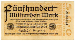 NOTGELD DER REICHSBAHN UND REICHSPOST, Frankfurt (Oder), Reichsbahndirektion Osten. 500 Milliarden Mark 14.11.1923.
III
Gei.009.6