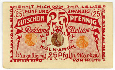 BRIEFMARKENNOTGELD, Köln, Carl Grave. 25 Pfennig 1921, Druck lila-rot.
I-
Ti.3565.30