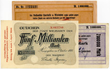 HESSEN, Wiesbaden, Nassauische Landesbank. 1 Million Mark 15.08.1923, 2 Millionen Mark 22.08.1923. DAZU:Stadt. 5 Milliarden Mark 10.1923. 3 Scheine.
...