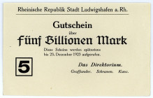 PFALZ, Ludwigshafen, Rheinische Republik. 5 Billionen Mark o.D., kein Wasserzeichen, gültig bis 23.12.1923.
I-
Ke.-