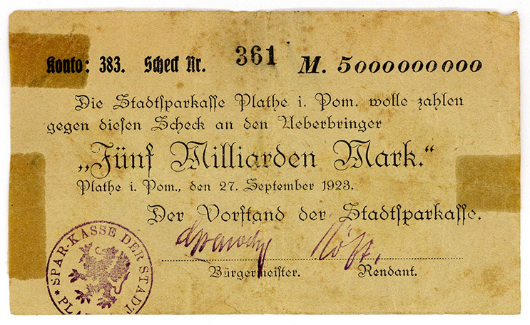 POMMERN, Plathe/Ploty, Stadtsparkasse. 5 Milliarden Mark 27.09.1923. Drei Risse ...