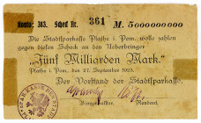 POMMERN, Plathe/Ploty, Stadtsparkasse. 5 Milliarden Mark 27.09.1923. Drei Risse mit Tesafilm gekleb sonst Erh.III-.
geklebt, III-
Ke.4324