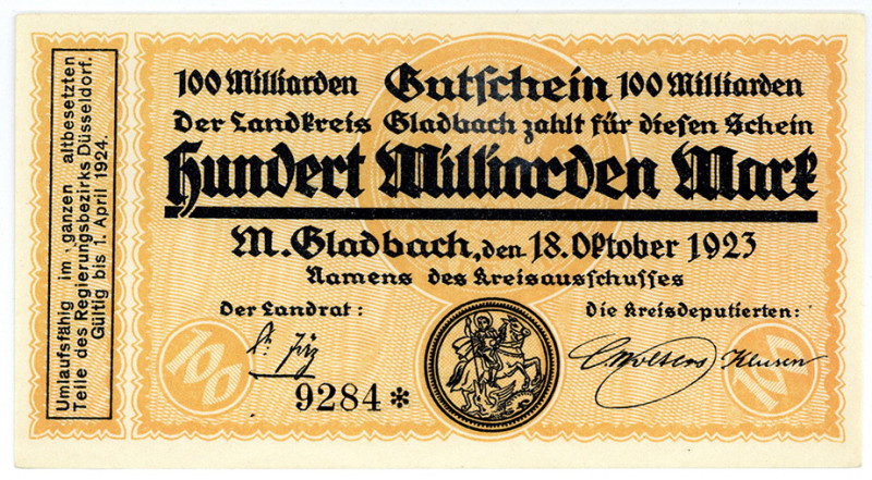 RHEINPROVINZ, Gladbach, Landkreis. 100 Milliarden Mark 18.10.1923.
I-
ex.Ke.17...