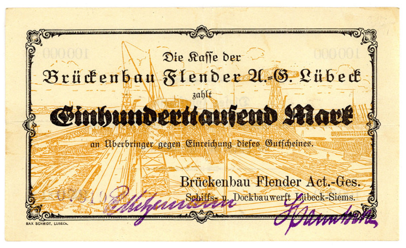 SCHLESWIG-HOLSTEIN, Lübeck, Brückenbau Flender AG. 100.000 Mark, mit "Überbringe...