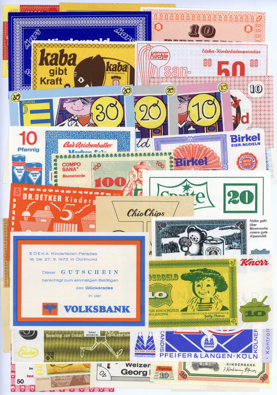 DOKUMENTE, Lot 31 Stück Spiel-/Kindergeld. Dabei: EDEKA, Maggi, Pfanni u.a..