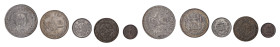 Afghanistan. Lot with 5 coins. Comprising 2½ Rupees, AH1299/1882, 22.70g (KM878); Afghani, AH1305/1887, 10.00g (KM910); 25 Pul, AH1316/1937, 3.00g (KM...