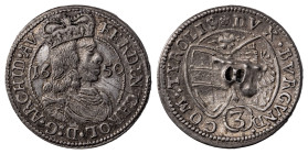 Holy Roman Empire. Ferdinand Karl, 1646-1662. 3 Kreuzer, 1650, Hall mint, 1.45g (KM852).

Attractive details, lightly polished fields and ex pin mount...