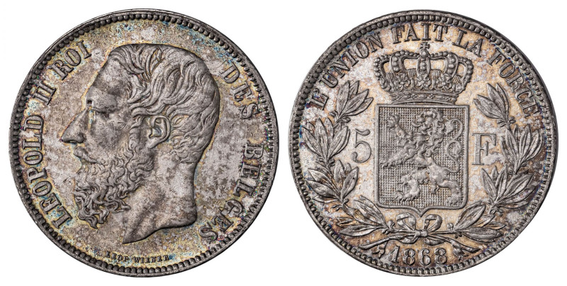 Belgium. Leopold II, 1865-1909. 5 Francs, 1868, Brussels mint, position A variet...