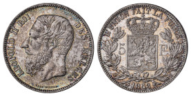 Belgium. Leopold II, 1865-1909. 5 Francs, 1868, Brussels mint, position A variety, 24.93g (KM24).

Fantastic iridescent patina on both sides with gold...