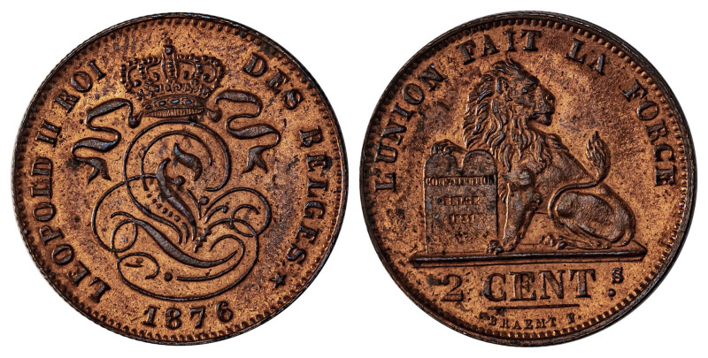 Belgium. Leopold II, 1865-1909. 2 Centimes, 1876, 4.00g (KM35.1). 

Excellent re...
