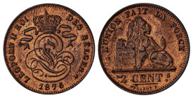Belgium. Leopold II, 1865-1909. 2 Centimes, 1876, 4.00g (KM35.1). 

Excellent red patina with lustre all over the coin on both sides and sharp details...