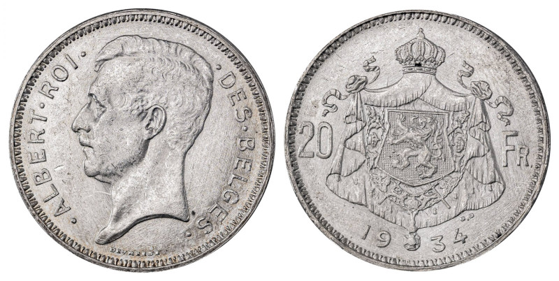 Belgium. Albert I, 1909-1934. 20 Francs, 1934, position B and legend in French v...