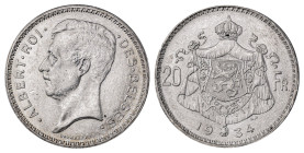 Belgium. Albert I, 1909-1934. 20 Francs, 1934, position B and legend in French variety, 11.08g (KM103.1). 

Fully lustrous coin with very strong detai...
