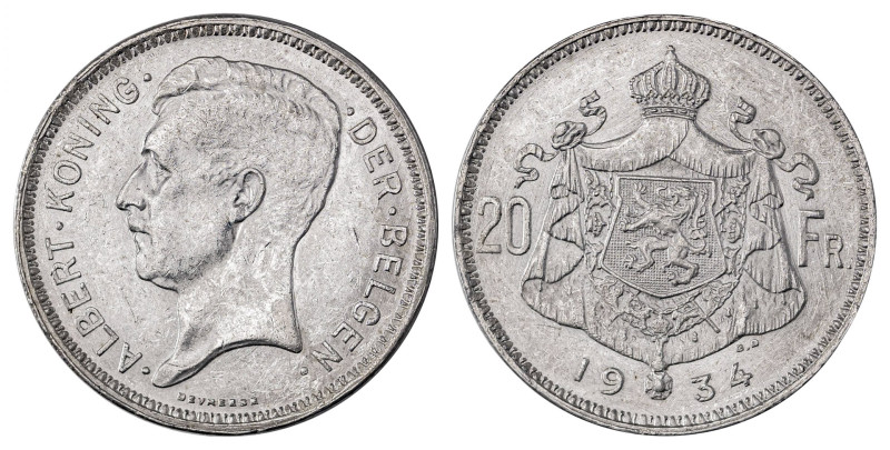 Belgium. Albert I, 1909-1934. 20 Francs, 1934, position A and legend in Dutch va...