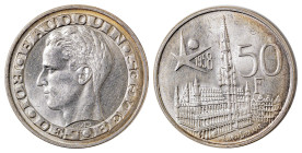 Belgium. Baudouin I, 1951-1993. 50 Francs, 1958, coin alignment and Legend in French variety, 12.61g (KM150.1). 

Extraordinary silver patina with som...