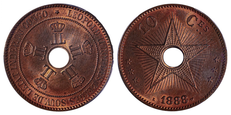 Belgium Congo. Leopold II, 1885-1908. 10 Centimes, 1888, Brussels mint (KM4).

B...