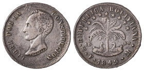 Bolivia. Republic, 1826-. 8 Soles, 1849 PTS FM, 26.86g (KM109).

Good details with attractive old cabinet patina, very fine.