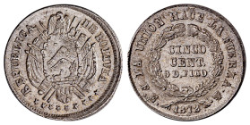 Bolivia. Republic, 1826-. 5 Centavos, 1872 FE, 1.06g (KM156.3).

Exceptional specimen of this 1 year type. Nine stars at bottom and full lustre on bot...