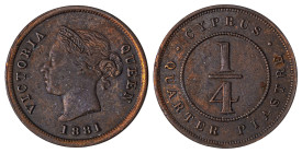 Cyprus. Victoria, 1837-1901. 1/4 Piastre, 1881, Royal mint, 2.89g (KM1.1; Fitikides 3).

Bright brown patina, some old traces of cleaning on the perip...
