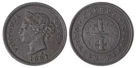 Cyprus. Victoria, 1837-1901. 1/4 Piastre, 1881H, Ralph Heaton & Sons mint, variety with bigger “81” of the date, 2.94g (KM1.1; Fitikides 4). 

Uniform...