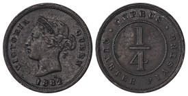 Cyprus. Victoria, 1837-1901. 1/4 Piastre, 1882H, Ralph Heaton & Sons mint, 3.00g (KM1.1; Fitikides 5). 

Attractive dark patina and strong details for...