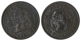 Cyprus. Victoria, 1837-1901. 1/2 Piastre, 1882H, Ralph Heaton & Sons mint, 5.62g (KM2; Fitikides 16). 

Extensive wear on both sides, corrosion on obv...