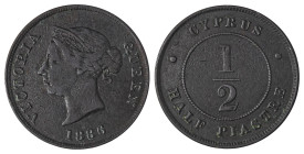 Cyprus. Victoria, 1837-1901. 1/2 Piastre, 1886, Royal mint, 5.78g (KM2; Fitikides 19). 

Dark brown patina with uniform wear on both sides. About very...