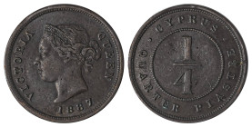 Cyprus. Victoria, 1837-1901. 1/4 Piastre, 1887, Royal mint, 2.94g (KM1.1; Fitikides 8). 

Dark brown patina with excellent details and some underlying...