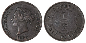Cyprus. Victoria, 1837-1901. 1/2 Piastre, 1889, Royal mint, 5.81g (KM2; Fitikides 21). 

Dark brown patina, very attractive details. Good very fine.