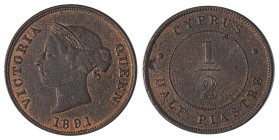Cyprus. Victoria, 1837-1901. 1/2 Piastre, 1891, Royal mint, 5.77g (KM2; Fitikides 23). 

Brown patina with some gold-red colour scattered on the coin ...