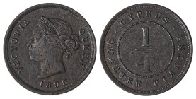 Cyprus. Victoria, 1837-1901. 1/4 Piastre, 1895, Royal mint, 2.81g (KM1.1; Fitikides 9). 

Dark brown patina with very attractive details. Good very fi...
