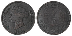 Cyprus. Victoria, 1837-1901. 1/2 Piastre, 1896, Royal mint, 5.54g (KM2; Fitikides 24). 

Dark brown patina, extensive but uniform wear for this key da...