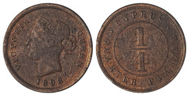 Cyprus. Victoria, 1837-1901. 1/4 Piastre, 1898, Royal mint, 2.74g (KM1.1; Fitikides 10). 

Bright brown patina on both sides, attractive details. Good...