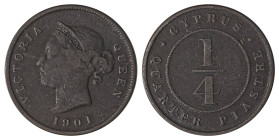 Cyprus. Victoria, 1837-1901. 1/4 Piastre, 1901, Royal mint, 2.79g (KM1.2; Fitikides 12).
 
Dark brown patina and decent details. Fine.