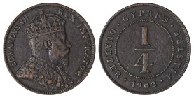 Cyprus. Edward VII, 1901-1910. 1/4 Piastre, 1902, Royal mint, 2.86g (KM8; Fitikides 44). 

Dark brown patina and strong details. About extremely fine.