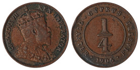 Cyprus. Edward VII, 1901-1910. 1/4 Piastre, 1905, Royal mint, 2.85g (KM8; Fitikides 45). 

Chocolate brown patina, very attractive details and some di...