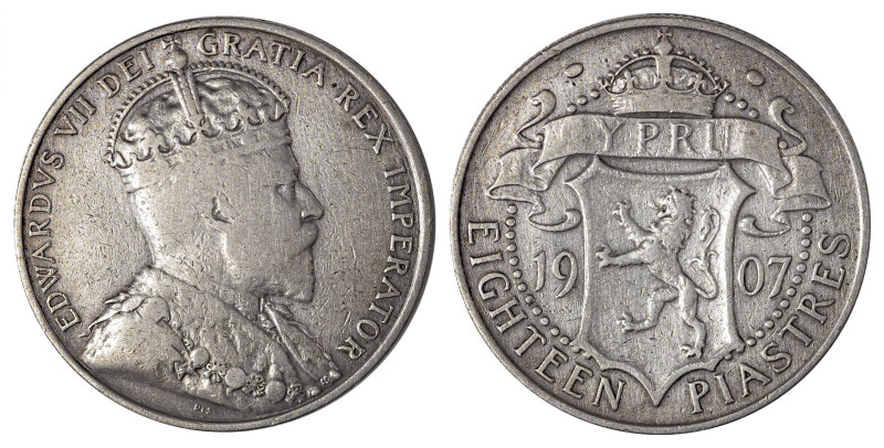 Cyprus. Edward VII, 1901-1910. 18 Piastres, 1907, Royal mint, 11.10g (KM10; Fiti...