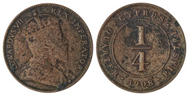 Cyprus. Edward VII, 1901-1910. 1/4 Piastre, 1908, Royal mint, 2.76g (KM8; Fitikides 46). 

Uneven brown patina and some overall corrosion, the key dat...