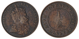 Cyprus. Edward VII, 1901-1910. 1/2 Piastre, 1908, Royal mint, 5.74g (KM11; Fitikides 47). 

Uneven brown patina and excellent details for issue. Good ...