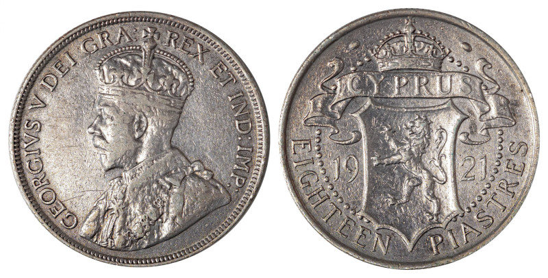 Cyprus. George V, 1910-1936. 18 Piastres, 1921, Royal mint, 11.27g (KM14; Fitiki...