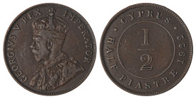Cyprus. George V, 1910-1936. 1/2 Piastre, 1922, Royal mint, 5.86g (KM17; Fitikides 53). 

Brown patina and attractive details for this key date. Very ...